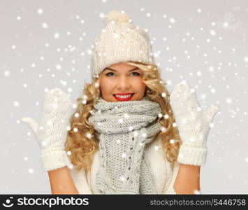 bright picture of beautiful woman in hat, muffler and mittens..