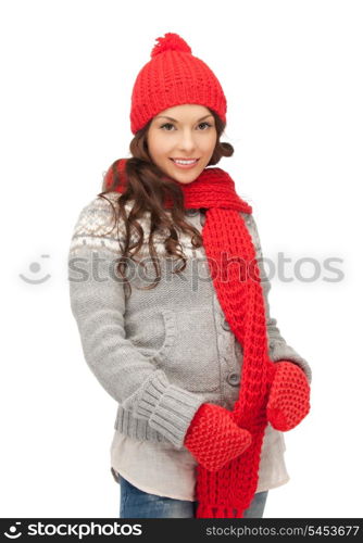 bright picture of beautiful woman in hat, muffler and mittens..