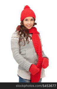 bright picture of beautiful woman in hat, muffler and mittens..