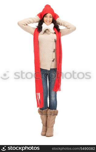 bright picture of beautiful woman in hat, muffler and mittens