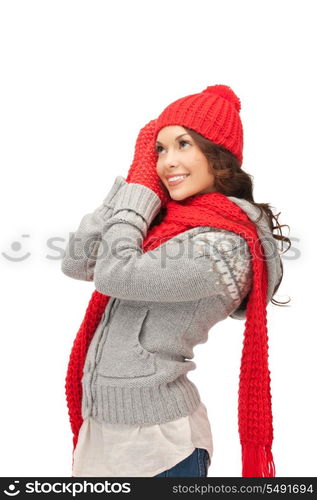 bright picture of beautiful woman in hat, muffler and mittens