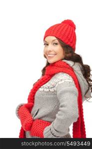 bright picture of beautiful woman in hat, muffler and mittens