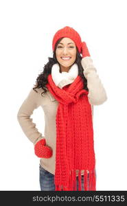 bright picture of beautiful woman in hat, muffler and mittens