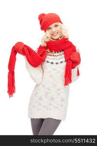 bright picture of beautiful woman in hat, muffler and mittens