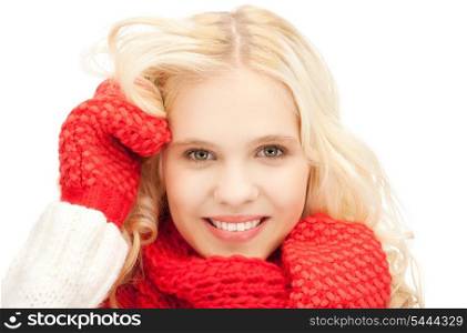 bright picture of beautiful woman in mittens.