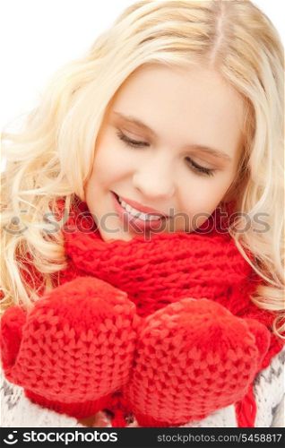 bright picture of beautiful woman in mittens.