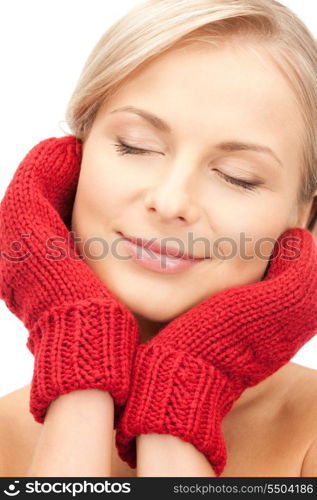 bright picture of beautiful woman in mittens