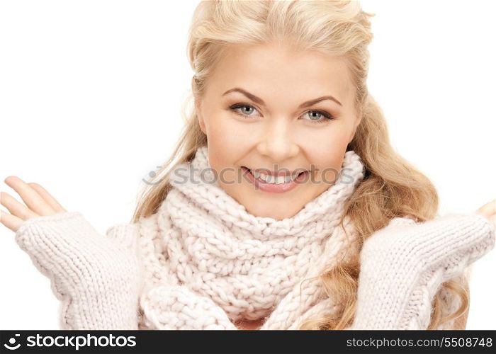 bright picture of beautiful woman in mittens