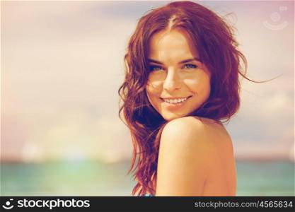 bright picture of beautiful woman on a beach. beautiful woman on a beach