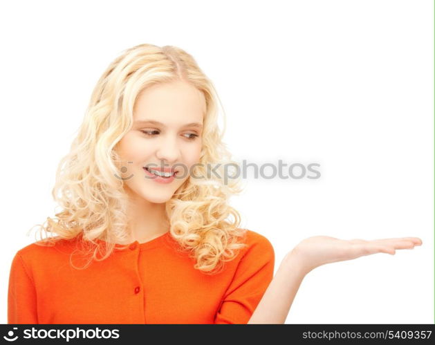 bright picture of beautiful woman with empty hand