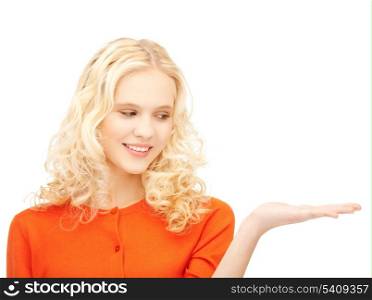 bright picture of beautiful woman with empty hand