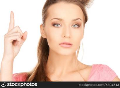 bright picture of beautiful woman with finger up