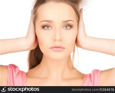 bright picture of beautiful woman with hands on ears