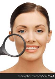 bright picture of beautiful woman with magnifying glass