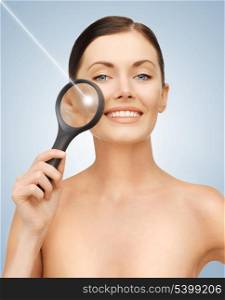 bright picture of beautiful woman with magnifying glass and laser