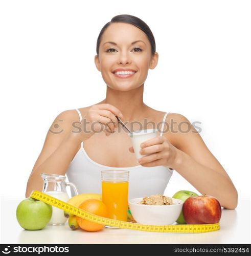 bright picture of beautiful woman with yogurt