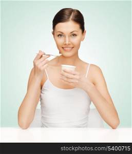 bright picture of beautiful woman with yogurt