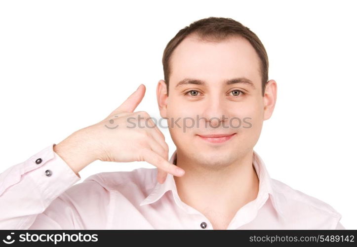 bright picture of businessman showing call me sign