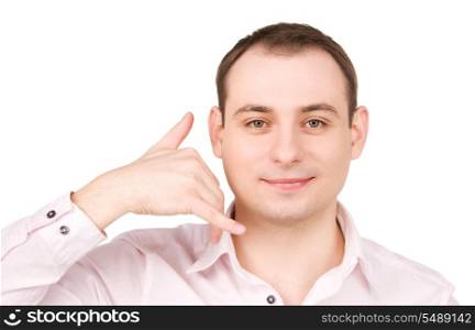 bright picture of businessman showing call me sign