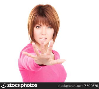 bright picture of businesswoman making stop gesture