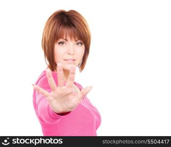 bright picture of businesswoman making stop gesture