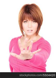 bright picture of businesswoman making stop gesture