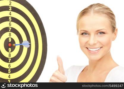 bright picture of businesswoman with dart and target