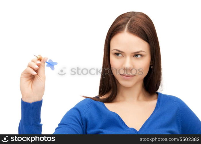 bright picture of confident businesswoman with dart