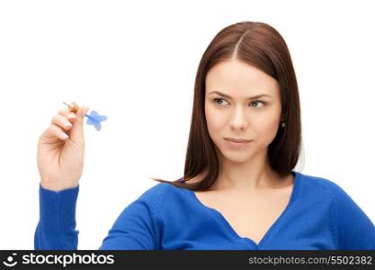 bright picture of confident businesswoman with dart