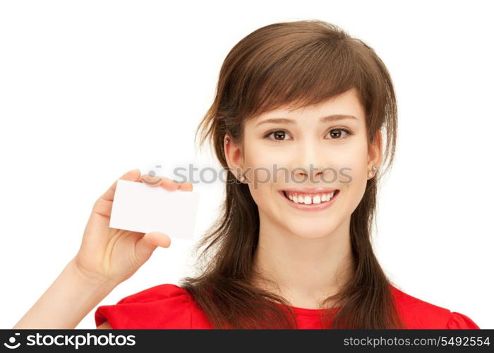 bright picture of confident teenage girl with business card