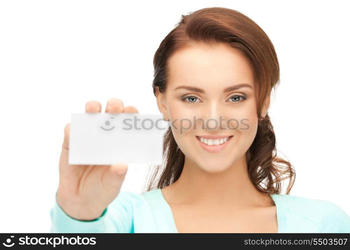 bright picture of confident woman with business card