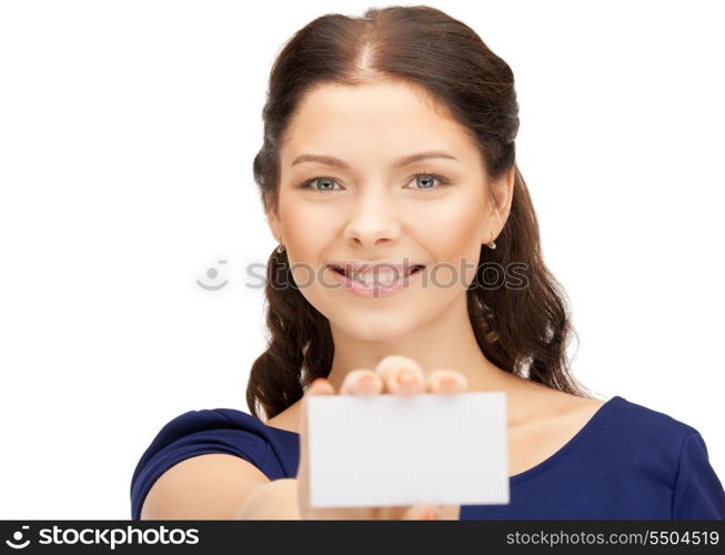 bright picture of confident woman with business card