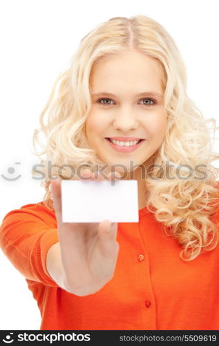 bright picture of confident woman with business card