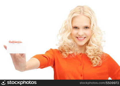 bright picture of confident woman with business card