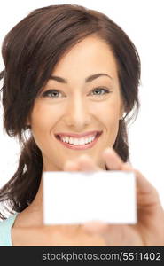 bright picture of confident woman with business card