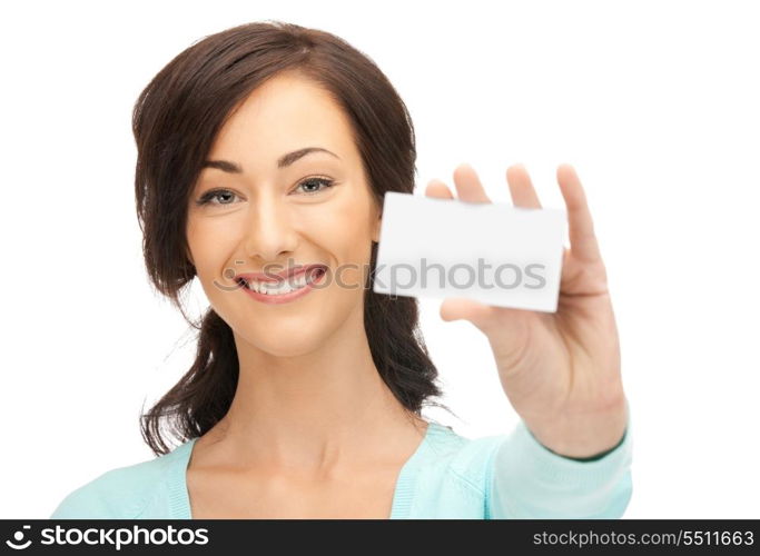 bright picture of confident woman with business card