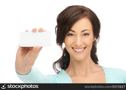 bright picture of confident woman with business card