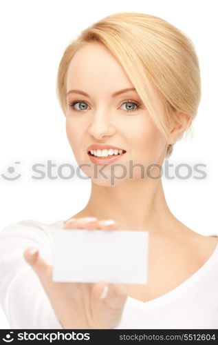 bright picture of confident woman with business card