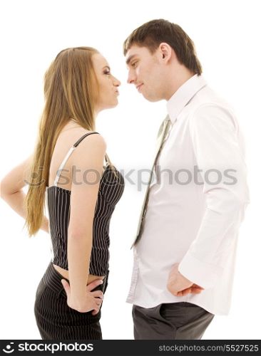 bright picture of conflicting couple over white