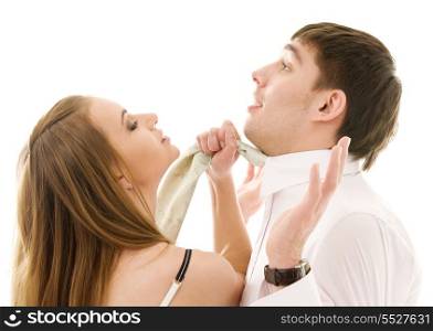 bright picture of conflicting couple over white