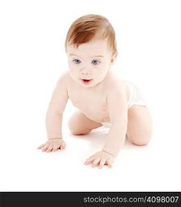 bright picture of crawling baby boy in diaper