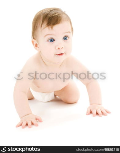 bright picture of crawling baby boy in diaper