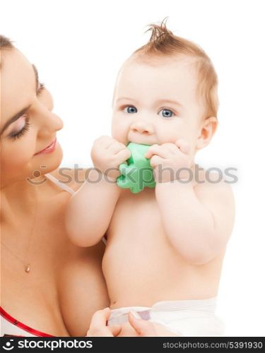 bright picture of curious baby biting toy
