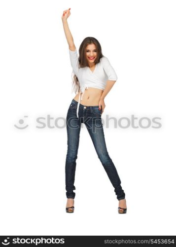 bright picture of dancing woman in casual clothes