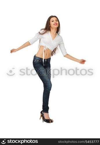 bright picture of dancing woman in casual clothes