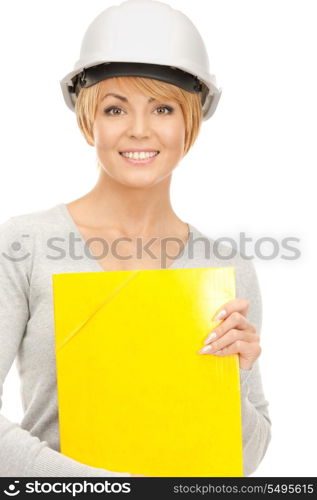 bright picture of female contractor in helmet over white&#xA;