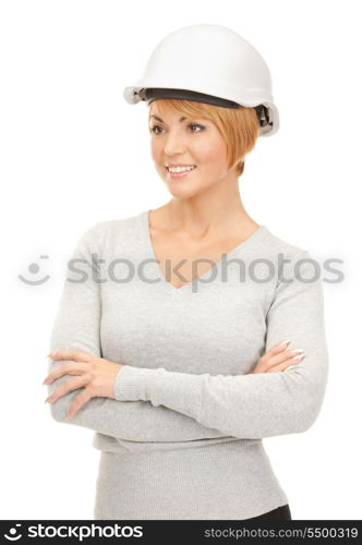 bright picture of female contractor in helmet over white&#xA;