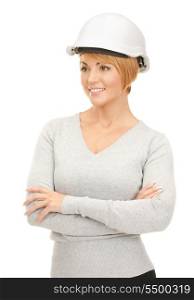 bright picture of female contractor in helmet over white&#xA;