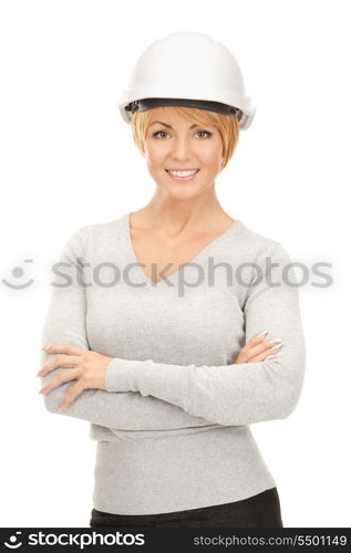 bright picture of female contractor in helmet over white&#xA;