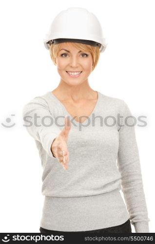 bright picture of female contractor in helmet ready for handshake&#xA;